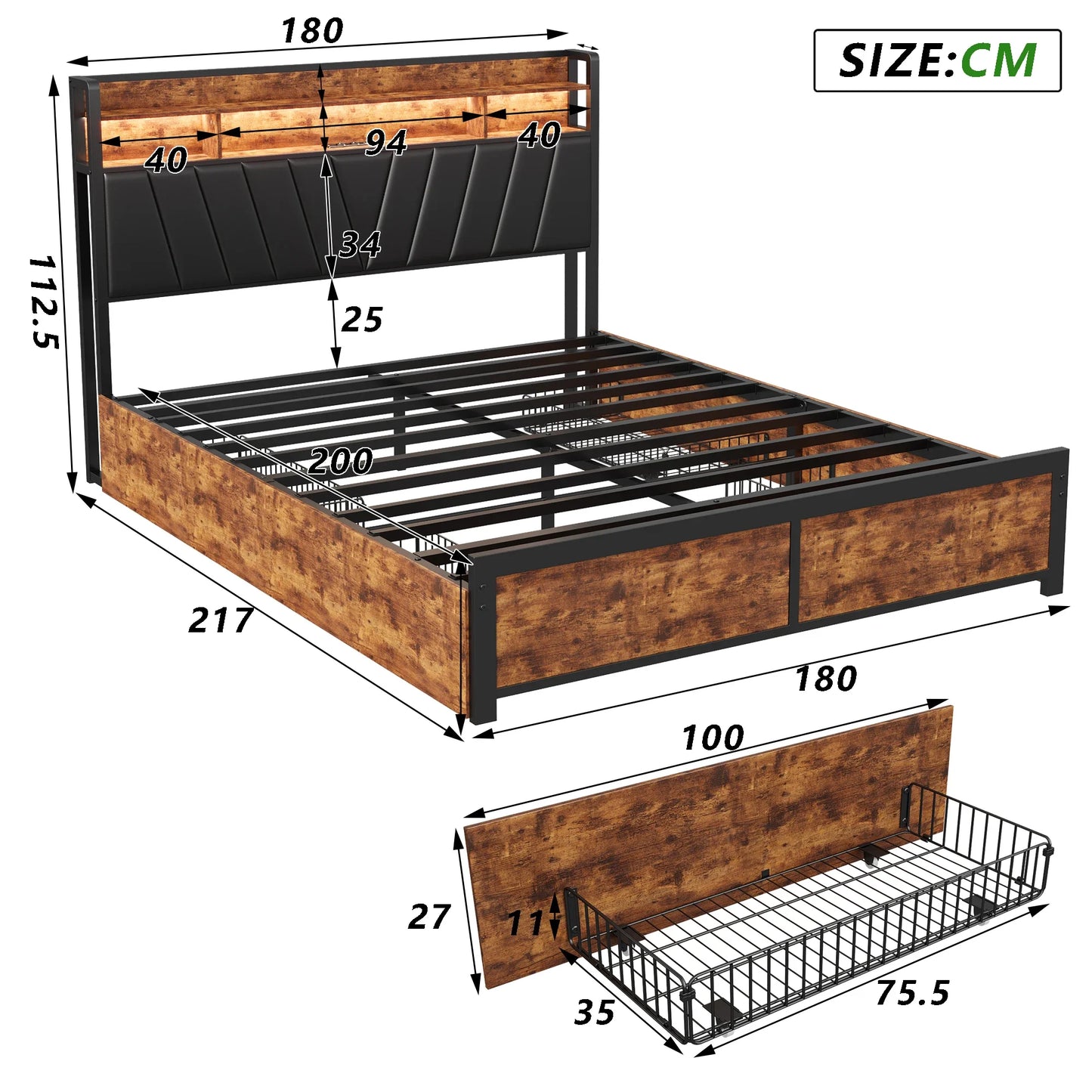 Łóżko 180x200 Metalowe Loftowe Dąb Wędzony Tapicerowane LED