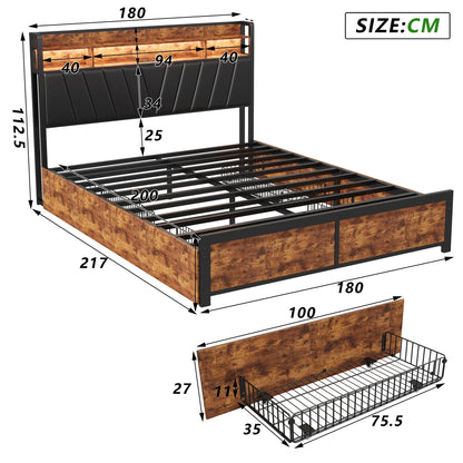 Łóżko 180x200 Metalowe Loftowe Dąb Wędzony Tapicerowane LED
