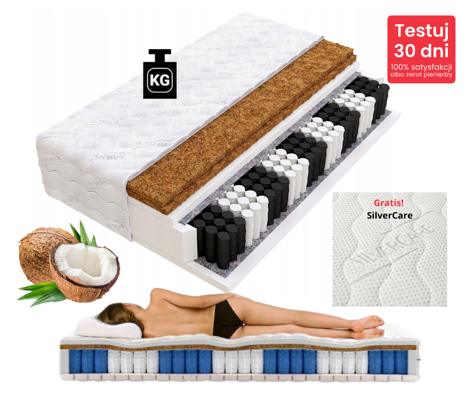 Materac Sprężynowy 160x200 Kieszeniowy H3/H5 MEDICAL HARD SILVER  z Kokosem 22cm 90kg+